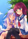  angel_beats! blazer blue_hair closed_eyes green_eyes hairband jacket long_hair multiple_girls panbai purple_hair school_uniform serafuku short_hair sleeping tenshi_(angel_beats!) thighhighs yuri_(angel_beats!) 