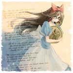  alice_(wonderland) alice_in_wonderland bow brown_hair choker english glasses green_eyes hair_bow holding long_hair open_mouth pocket_watch poem reika_(clovia_studio) solo watch 