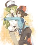  baseball_cap brown_eyes brown_hair green_eyes green_hair hat long_hair male_focus multiple_boys n_(pokemon) pokemon pokemon_(game) pokemon_bw touya_(pokemon) yuzura_(tsukiyuri) 