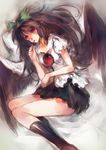  bow brown_hair food green_bow hair_bow highres long_hair nokishita pocky red_eyes reiuji_utsuho solo third_eye touhou wings 