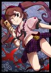  brown_eyes brown_hair camera cellphone checkered checkered_skirt hat himekaidou_hatate long_hair notsuru phone pointy_ears skirt solo tokin_hat touhou twintails 