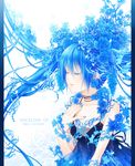  blue blue_flower blue_hair blue_rose closed_eyes flower food fruit grapes hair_flower hair_ornament hatsune_miku highres long_hair petals plant rose smile solo twintails very_long_hair vines vocaloid yuuno_(yukioka) 