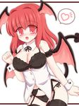  bat_wings black_bra black_legwear black_panties bra breasts breasts_outside cleavage demon_tail dress_shirt fang garter_belt head_wings heart koakuma large_breasts lingerie long_hair panties red_eyes red_hair ry shirt simple_background sleeveless sleeveless_shirt solo spoken_heart tail thighhighs touhou underwear wings wrist_cuffs 