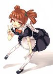  apron bad_id bad_pixiv_id bent_over bow bowtie brown_eyes brown_hair dress hand_on_own_knee idolmaster idolmaster_(classic) maid maid_fairy_tale open_mouth pantyhose solo standing standing_on_one_leg takatsuki_yayoi twintails v yasumo_(kuusouorbital) 