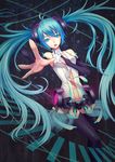  aqua_hair blue_eyes blue_hair colored_eyelashes eyelashes foreshortening gradient_hair hatsune_miku highres jun_(goodgun7) long_hair looking_at_viewer multicolored_hair open_mouth outstretched_hand solo thighhighs twintails very_long_hair vocaloid 