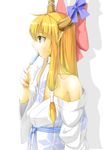  bad_id bad_pixiv_id bare_shoulders blonde_hair bow flat_chest food hair_bow horns ibuki_suika japanese_clothes long_hair nishiuri off_shoulder pointy_ears popsicle solo tongue touhou 