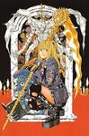  absurdres amane_misa bangs blonde_hair book boots candle death_note death_note_(object) fingerless_gloves fishnet_pantyhose fishnets gloves green_eyes highres holding jealous_(death_note) long_hair obata_takeshi official_art pantyhose rem_(death_note) scan scythe shinigami thighhighs two_side_up 