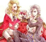  1boy 1girl alcohol blonde_hair couch couple crossed_legs cup darill daryl earrings female final_fantasy final_fantasy_vi grey_hair hair_over_one_eye jewelry legs_crossed long_hair male mochineko pants purple_eyes ring rings scar setzer_gabbiani sitting trench_coat trenchcoat violet_eyes wine wine_glass 