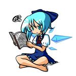  :&lt; angry bad_id bad_pixiv_id barefoot blue_eyes blue_hair blush_stickers bow cirno fume hair_bow indian_style ranchuu_(akamusume) short_hair sitting solo squiggle touhou translated wings 