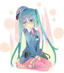  aqua_eyes aqua_hair between_thighs envelope garter_straps hat hatsune_miku long_hair mailman mouth_hold seiza sitting solo thighhighs twintails v_arms vocaloid yoru_(towa3sora) 