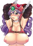  arms_up blush breasts cleavage collarbone dragon_quest dragon_quest_iii elbow_gloves gloves helmet huge_breasts long_hair nipples open_mouth purple_hair red-rum simple_background soldier_(dq3) solo tears upper_body white_background winged_helmet 