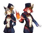  2girls absurdres animal_ears bangs belt breasts cat_ears cosplay fire gloves hat high_collar highres homura_(xenoblade_2) huge_filesize looking_at_viewer meleph_(xenoblade) meleph_(xenoblade)_(cosplay) military military_hat military_uniform multiple_girls nintendo niyah pauldrons poteto_(potetosarada123) red_eyes ribbon short_hair simple_background small_breasts smile swept_bangs uniform white_background white_gloves xenoblade_(series) xenoblade_2 yellow_eyes 