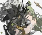  1girl bangs black_dress black_gloves breasts claws closed_mouth crown dress elbow_gloves from_above gloves green_eyes green_hair hair_between_eyes honkai_(series) honkai_impact_3rd long_hair looking_at_viewer lying mobius_(honkai_impact) on_side sleeveless sleeveless_dress small_breasts smile solo tatatsu white_background 