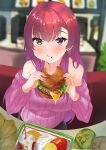 1girl absurdres alternate_costume bangs bare_shoulders blurry blurry_background blush booth breasts burger closed_mouth cup disposable_cup earrings eating eyebrows_visible_through_hair fast_food food food_focus food_in_mouth food_on_face french_fries heart heart_earrings heterochromia highres holding holding_food hololive houshou_marine jewelry long_hair looking_at_viewer pink_sweater pov pov_across_table red_eyes red_hair restaurant sitting solo straight_hair sweater table tray very_long_hair virtual_youtuber yellow_eyes zyunsei777 