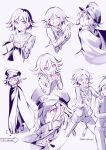  2boys :d absurdres alternate_costume bangs buttons cape closed_eyes commentary_request danganronpa_(series) danganronpa_v3:_killing_harmony ewa_(seraphhuiyu) fang happy hat highres male_focus monochrome multiple_boys multiple_views open_mouth ouma_kokichi pants peaked_cap pink_eyes saihara_shuuichi scarf simple_background skin_fang smile spot_color sweat to_be_continued twitter_username 