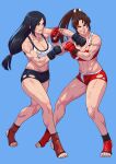  2girls abs absurdres bangs bare_shoulders black_gloves black_hair black_shorts blood blood_on_clothes blood_on_face blue_background breasts brown_eyes brown_hair catfight cirenk clenched_hands collarbone commentary_request commission crop_top face_punch fatal_fury fighting fighting_stance final_fantasy final_fantasy_vii final_fantasy_vii_remake fingerless_gloves gloves highres in_the_face large_breasts long_hair low-tied_long_hair midriff mixed-language_commentary multiple_girls muscular muscular_female navel one_eye_closed parted_bangs ponytail punching red_eyes red_gloves red_shorts red_tank_top shiranui_mai shirt short_shorts shorts simple_background sleeveless sleeveless_shirt tank_top thighs tifa_lockhart toeless_legwear toes torn_clothes white_tank_top 