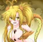  1girl ahoge areola_slip areolae arisa_(g_(genesis1556)) bangs blonde_hair blush breast_squeeze breasts chocolate claws covering covering_breasts dragon_girl dragon_horns dragon_tail eyebrows_visible_through_hair food_between_breasts g_(genesis1556) gradient gradient_background heart heart_background highres horns implied_paizuri long_hair looking_at_viewer medium_breasts monster_girl nude open_mouth original ponytail sexually_suggestive solo suggestive_fluid tail upper_body v-shaped_eyebrows yellow_background yellow_eyes 