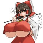  1girl ? @_@ ascot bangs bare_shoulders black_eyes black_hair blush bow breasts closed_mouth commentary_request cowboy_shot detached_sleeves expressionless eyebrows_visible_through_hair frilled_bow frilled_hair_tubes frills gohei hair_bow hair_tubes hakurei_reimu hand_on_hip hand_up highres holding holding_stick huge_breasts long_sleeves looking_at_viewer red_bow red_skirt red_vest short_hair simple_background skirt solo stick touhou underboob vest white_background yellow_neckwear zakozako_y 
