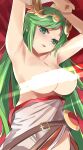  1girl areola_slip areolae armpits bangs belt blush breasts censored circlet clothes_pull commentary_request dress dress_pull goddess green_eyes green_hair highres kid_icarus large_breasts light_censor long_hair looking_at_viewer lying nipple_slip nipples on_back open_mouth palutena solo super_smash_bros. sweatdrop tomas_(kaosu22) topless upper_body 