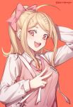  1girl :d ahoge akamatsu_kaede arm_up artist_name backpack bag bangs blonde_hair bow collared_shirt commentary_request danganronpa_(series) danganronpa_v3:_killing_harmony ewa_(seraphhuiyu) hair_bow hair_ornament hair_ribbon highres long_hair long_sleeves looking_at_viewer musical_note musical_note_hair_ornament necktie open_mouth pink_eyes pink_sweater_vest red_background ribbon shirt signature simple_background smile solo sweater_vest upper_body v 