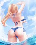  1girl arms_up ass azto_dio back bikini blue_bikini blue_sky breasts cloud commentary english_commentary from_behind highres large_breasts long_hair metroid ocean partially_submerged patreon_username ponytail samus_aran side-tie_bikini sideboob sky solo swimsuit thighs wading 
