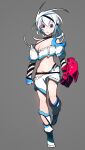  1girl :o absurdres black_choker blue_eyes choker copyright_request full_body grey_background heterochromia highres looking_at_viewer navel niwarhythm parted_lips power_gloves red_eyes shoes shorts simple_background solo standing standing_on_one_leg white_footwear white_hair white_shorts 