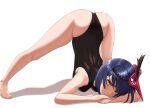 1girl 1nilla&#039; arm_rest ass bangs black_leotard blue_hair blush breasts closed_mouth english_commentary frown full_body genshin_impact guilty_gear highres jack-o&#039;_challenge kujou_sara leotard looking_at_viewer mask mask_on_head shadow short_hair simple_background solo sweat swept_bangs tengu_mask tiptoes top-down_bottom-up white_background yellow_eyes 