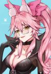  1girl animal_ear_fluff animal_ears artist_name black_bodysuit blue_background blush bodysuit breasts center_opening choker cleavage commentary_request eyebrows_visible_through_hair fate/grand_order fate_(series) fox_ears fox_girl glasses highres koyanskaya_(fate) large_breasts long_hair looking_at_viewer open_mouth pink_hair side_ponytail simple_background solo tamamo_(fate) white-framed_eyewear yellow_eyes yumeno 