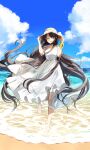  1girl :d ^_^ absurdly_long_hair barefoot beach black_hair blue_sky closed_eyes cloud commentary day dress facing_viewer full_body hands_on_headwear hat highres long_hair open_mouth original outdoors pentagon_(railgun_ky1206) short_sleeves sky smile solo standing standing_on_one_leg straw_hat very_long_hair water white_dress 