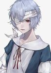  absurdres arm_sling ayanami_rei bandage_over_one_eye bandaged_arm bandages bandaid bandaid_on_face bangs closed_mouth collarbone commentary crossed_bangs english_commentary expressionless eyelashes head_tilt highres injury light_blue_hair looking_at_viewer mano_aaa medium_hair messy_hair neck_ribbon neon_genesis_evangelion red_eyes red_ribbon ribbon school_uniform serafuku shiny shiny_hair simple_background white_background 