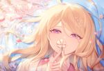  1girl ahoge akamatsu_kaede bangs blonde_hair cherry_blossoms commentary_request covering_mouth danganronpa_(series) danganronpa_v3:_killing_harmony dated ewa_(seraphhuiyu) eyebrows_visible_through_hair flower hair_between_eyes hair_ornament happy_birthday highres holding holding_flower long_hair looking_at_viewer petals petals_on_liquid pink_eyes pink_vest purple_eyes shiny shiny_hair shirt solo sweater upper_body vest water white_flower 