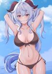  1girl ahoge armpits arms_behind_head arms_up bare_arms bare_shoulders bikini black_bikini blue_hair blue_sky breasts cleavage cloud cowboy_shot front-tie_bikini front-tie_top ganyu_(genshin_impact) genshin_impact goat_horns grin groin halterneck highres horns large_breasts long_hair looking_at_viewer low_ponytail lunarscent multi-strapped_bikini navel outdoors purple_eyes side-tie_bikini sky smile solo stomach string_bikini swimsuit very_long_hair wet 