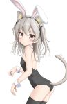  1girl animal_ear_fluff animal_ears ass bare_shoulders black_hairband black_legwear black_leotard brown_eyes cat_ears cat_girl cat_tail closed_mouth collar commentary_request detached_collar fake_animal_ears flipper girls_und_panzer grey_hair hairband highres kemonomimi_mode leotard long_hair looking_at_viewer looking_to_the_side one_side_up rabbit_ears shimada_arisu simple_background solo strapless strapless_leotard tail thighhighs white_background white_collar wrist_cuffs 