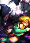  1boy absurdres black_neckwear blonde_hair glowing glowing_eyes green_eyes green_shirt green_shorts hair_between_eyes highres jojo_no_kimyou_na_bouken long_sleeves looking_at_viewer male_focus medium_hair midriff navel necktie niwarhythm open_mouth pannacotta_fugo purple_haze_(stand) red_eyes sanpaku shirt shorts smile stand_(jojo) vento_aureo 