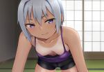  1girl bike_shorts breasts camisole downblouse hashi indoors leaning_forward looking_at_viewer medium_breasts navel original purple_eyes short_hair silver_hair smile solo tan tanlines 