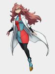  1girl android_21 blue_eyes breasts checkered checkered_dress dragon_ball dragon_ball_fighterz dress earrings full_body glasses hoop_earrings jewelry kemachiku labcoat long_hair long_sleeves medium_breasts pantyhose red_hair red_ribbon_army solo 