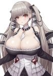  1girl azur_lane bare_shoulders between_breasts breasts cleavage clothing_cutout detached_collar dress eyebrows_visible_through_hair flight_deck formidable_(azur_lane) frilled_dress frills gothic_lolita grey_hair hair_ribbon highres huge_breasts lolita_fashion long_hair neckwear_between_breasts poorgom red_eyes ribbon shoulder_cutout simple_background solo twintails two-tone_dress two-tone_ribbon very_long_hair white_background white_neckwear 