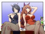  3girls ahoge animal_ears between_breasts black_hair breasts brown_hair card casino_card_table crossed_legs fishnet_legwear fishnets fuji_kiseki_(umamusume) hat hayakawa_tazuna horse_ears large_breasts long_hair maruzensky_(umamusume) multiple_girls necktie necktie_between_breasts one_eye_closed pantyhose playboy_bunny playing_card polka_dot polka_dot_background rabbit_ears short_hair sitting sitting_on_table umamusume wakayama_kazuto wrist_cuffs 