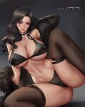  1girl azto_dio bangs bare_shoulders bikini black_bikini black_coat black_hair black_legwear blush breasts choker cleavage coat collarbone fur-trimmed_coat fur_trim grey_eyes large_breasts long_hair looking_at_viewer navel off_shoulder parted_bangs solo spread_legs swimsuit the_witcher_(series) the_witcher_3 thighhighs thighs yennefer 