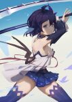  1girl absurdres antenna_hair aton_(user_kufr5245) bangs bare_shoulders blue_eyes blue_hair blue_legwear blue_skirt blue_sleeves breasts closed_mouth hair_between_eyes hair_ornament highres holding holding_weapon honkai_(series) honkai_impact_3rd looking_at_viewer scythe seele_vollerei seele_vollerei_(swallowtail_phantasm) short_hair sideboob skirt solo thighhighs v-shaped_eyebrows weapon 