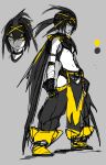  1girl absurdres black_hair boots breasts cape color_guide frown full_body grey_background hayabusa_(niwarhythm) highres looking_at_viewer multiple_views navel niwarhythm original pants parted_lips pelvic_curtain simple_background sketch standing tomboy underboob wings yellow_eyes 