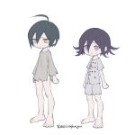 2boys ahoge alternate_costume bangs barefoot black_hair brown_eyes buttons closed_mouth commentary_request danganronpa_(series) danganronpa_v3:_killing_harmony double-breasted ewa_(seraphhuiyu) flipped_hair full_body grey_shorts hair_between_eyes highres little_nightmares male_focus multicolored_hair multiple_boys ouma_kokichi pink_eyes pink_hair saihara_shuuichi shirt short_hair short_shorts short_sleeves shorts simple_background smile standing torn_clothes torn_shirt white_background 