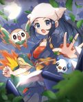  1girl :o akari_(pokemon) black_hair blurry cloud commentary cyndaquil eyelashes gen_2_pokemon gen_5_pokemon gen_7_pokemon grey_eyes haru_(haruxxe) head_scarf highres jacket leaf long_hair moon night open_mouth oshawott outdoors pokemon pokemon_(creature) pokemon_(game) pokemon_legends:_arceus pokemon_on_arm ponytail rowlet sidelocks sky spread_fingers star_(sky) starter_pokemon_trio tongue white_headwear 