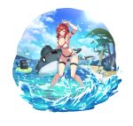  1girl ;d absurdres ahoge alpha_transparency arm_strap arm_up armpits ass_visible_through_thighs bangle bare_arms bare_shoulders beach bikini blue_eyes bracelet breasts choker cleavage counter_side downscaled front-tie_bikini front-tie_top glint halter_top halterneck highres huge_filesize inflatable_orca inflatable_toy jewelry large_breasts looking_at_viewer lycoris_(counter_side) medium_hair multi-strapped_bikini navel ocean official_art one_eye_closed open_mouth red_hair resized side-tie_bikini smile solo stomach string_bikini swimsuit thigh_strap thighs transparent_background wading water wet white_bikini white_choker 