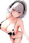  1girl :o animal_print azur_lane bangs bikini blush breasts cleavage collarbone cow_print eyebrows_visible_through_hair from_above hair_between_eyes hairband heart heart-shaped_pupils highres itete large_breasts looking_at_viewer micro_bikini parted_lips red_eyes short_hair side-tie_bikini simple_background sirius_(azur_lane) solo swimsuit symbol-shaped_pupils white_background white_hair 