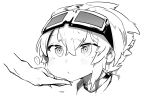  ... 1girl absurdres bangs chin_stroking closed_mouth crossed_bangs goggles goggles_on_head greyscale highres monochrome niwamaru_(niwarhythm) niwarhythm original petting portrait short_hair simple_background solo_focus spoken_ellipsis white_background 