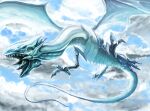  blue-eyes_white_dragon blue_eyes blue_sky claws cloud cloudy_sky dragon duel_monster flying long_neck no_humans ogura_anko open_mouth scales sharp_teeth sky solo talons teeth tongue tongue_out veins yu-gi-oh! 