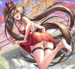  1girl absurdly_long_hair ass autumn_leaves azur_lane backless_dress backless_outfit barefoot breasts bridge brown_hair dress eyebrows_visible_through_hair flower from_behind hair_between_eyes hair_ornament large_breasts long_hair looking_at_viewer looking_back open_mouth outdoors panties red_dress red_flower short_dress soles solo thigh_strap toes underwear very_long_hair violetshit white_panties yellow_eyes zuikaku_(azur_lane) 