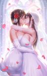  2girls absurdres arms_around_waist blurry blurry_background breasts bridal_veil bride cleavage dress elbow_gloves gloves highres kiss large_breasts multiple_girls original petals sideboob stained_glass strapless strapless_dress tiara veil wedding wedding_dress white_dress white_gloves wife_and_wife window yuri yuritamashi 