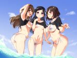  3girls :d :o arm_up armpits ass ass_visible_through_thighs bikini black_hair blush breasts brown_eyes brown_hair collarbone covered_nipples crop_top female_pubic_hair glasses grin hair_over_one_eye highres large_breasts leaning_forward long_hair looking_at_viewer medium_breasts micro_bikini multiple_girls navel open_mouth original parted_lips pubic_hair purple_eyes ribbon see-through shiwasu_no_okina short_hair short_sleeves side-tie_bikini small_breasts smile standing stomach swimsuit wading water wet wet_clothes wet_swimsuit white_bikini white_ribbon yellow-framed_eyewear 